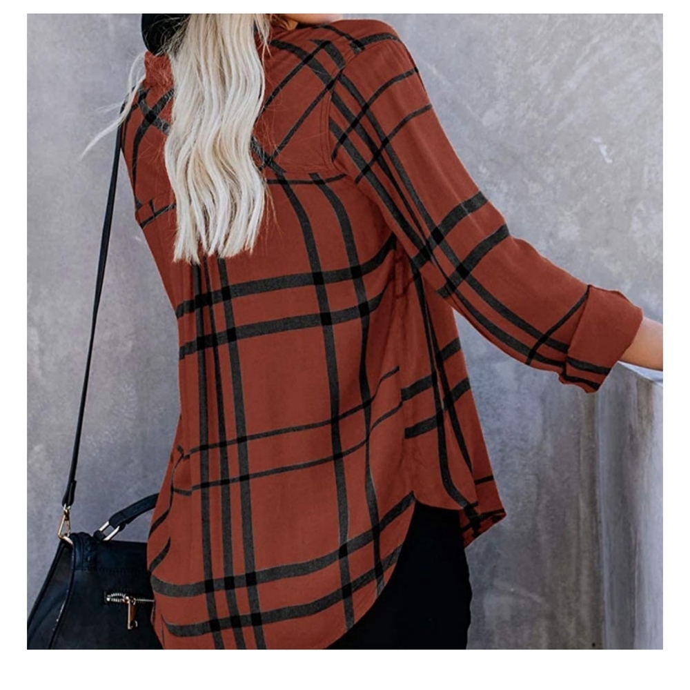 NEW Long Sleeve V-Neck Stripes Plaid Casual Blouses Pocket Button Down Shirt - Picture 2 of 9